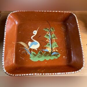 Vintage Mexican Pottery Terracotta Tray Rectangle Dish Bird Flowers Hand Made